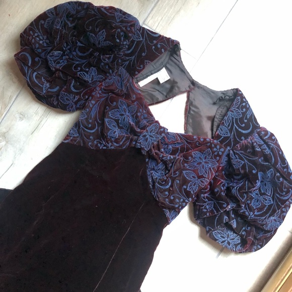 Vintage Scott McClintock puff sleeve velvet gown in navy and burgundy. Size 8 - Picture 5 of 11